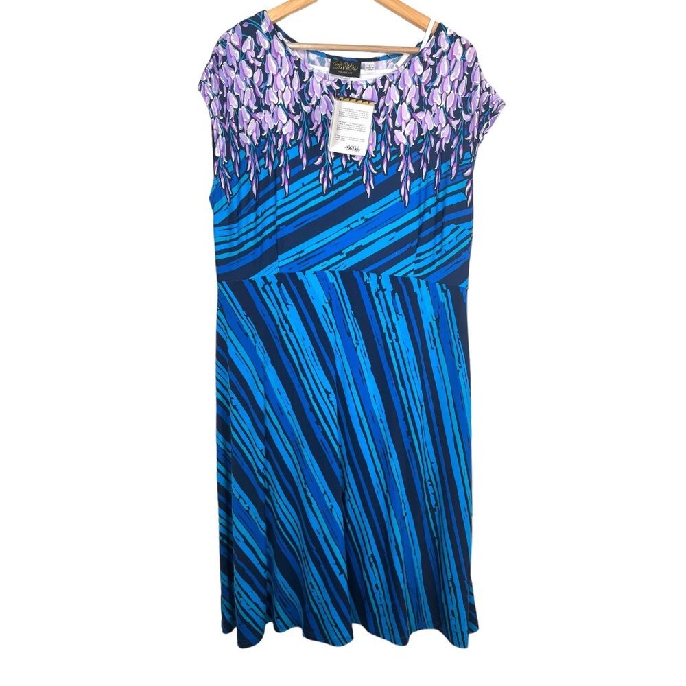 Bob Mackie‎ artsy floral jersey midi shift dress sz L pink blue
